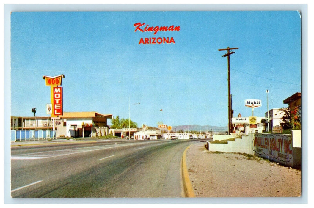 Street View Of Kingman Arizona AZ, 400 Motel Mobil Cafe Cars Vintage Postcard