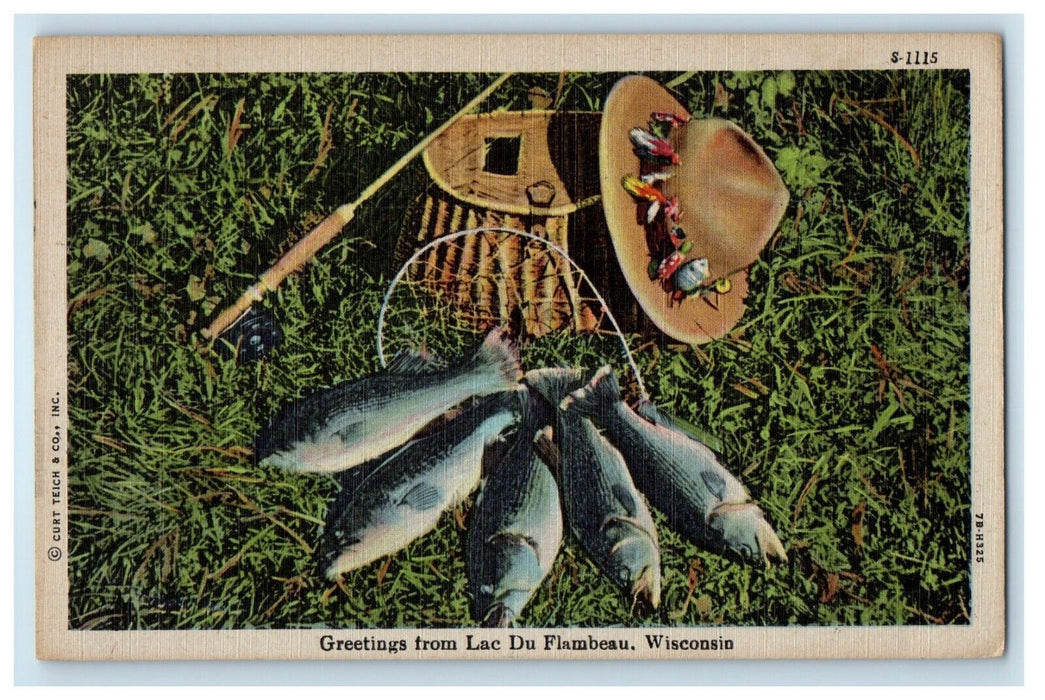 c1930's Greetings From Lac Du Flambeau Wisconsin WI, Fishes Reel Hat Postcard