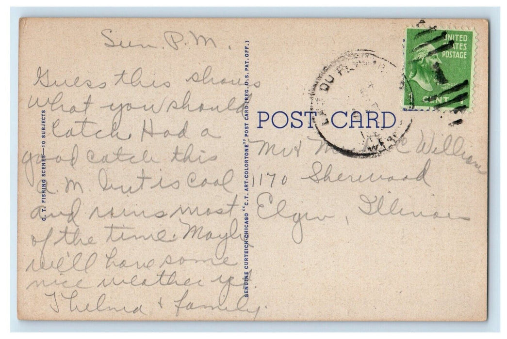 c1930's Greetings From Lac Du Flambeau Wisconsin WI, Fishes Reel Hat Postcard