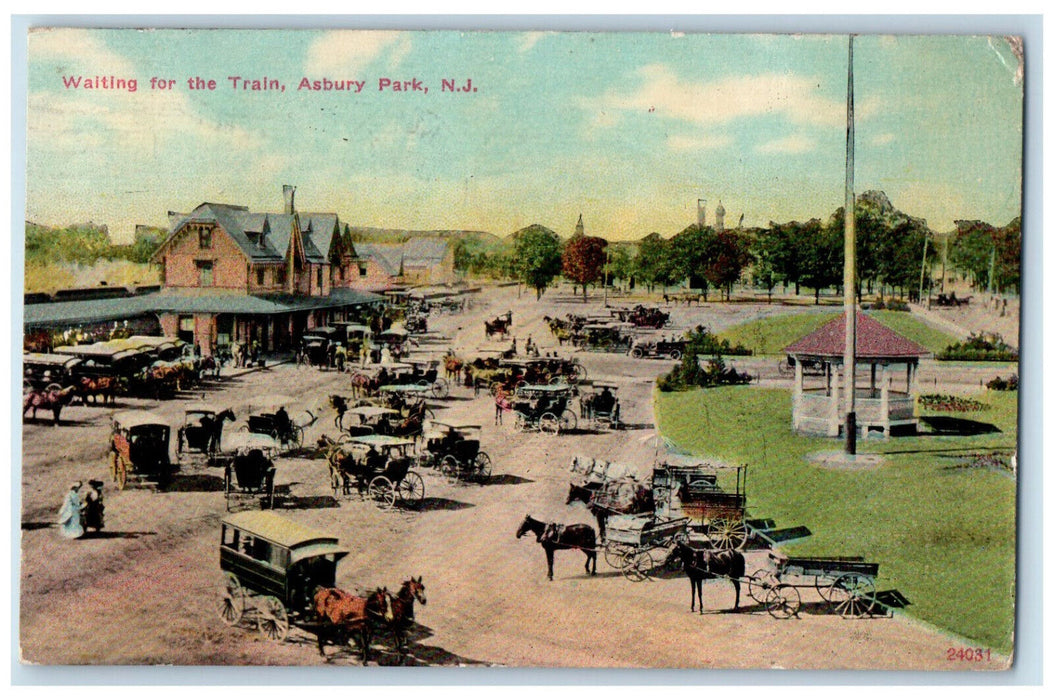 c1910 Horse Carriage Scene, Waiting for the Train, Asbury Park NJ Postcard