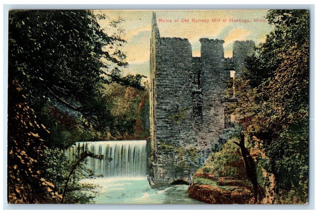 c1910 Waterfalls, Ruins of Old Ramsey Mill at Hastings Minnesota MN Postcard