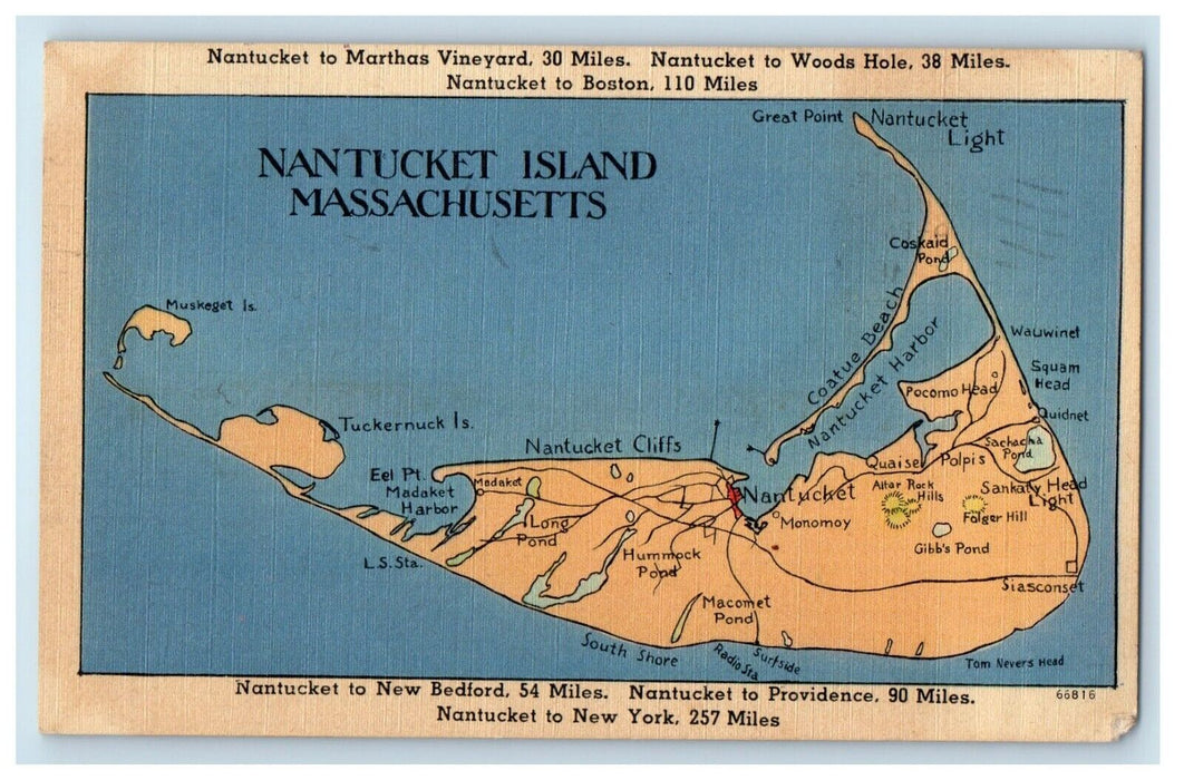 1948 Map Of Nantucket Island Massachusetts MA Posted Antique Postcard