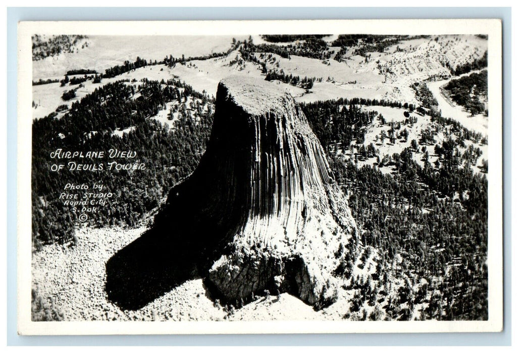 c1940's Airplane View Devil's Tower Rapid City South Dakota RPPC Photo Postcard