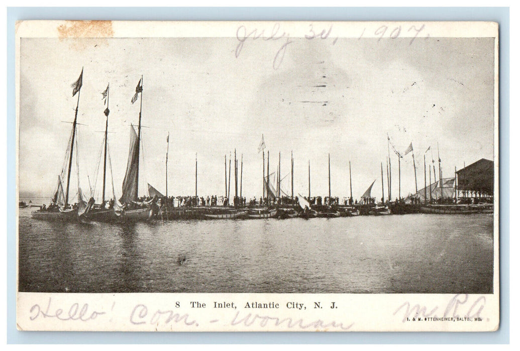 1907 Boat Scene, The Inlet Atlantic City New Jersey NJ Glyndon MD Postcard