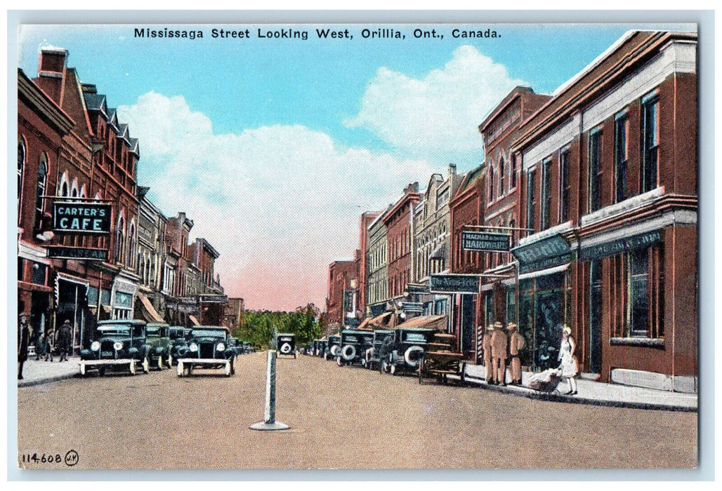 c1910 Carters Cafe Hardware Hotel Mississaga St. Orillia Ontario Canada Postcard