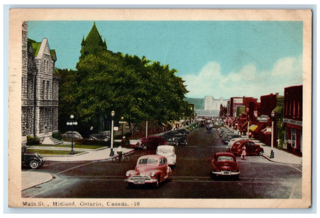 1954 Billiards, Business Section Cars, Main St. Midland Ontario Canada Postcard