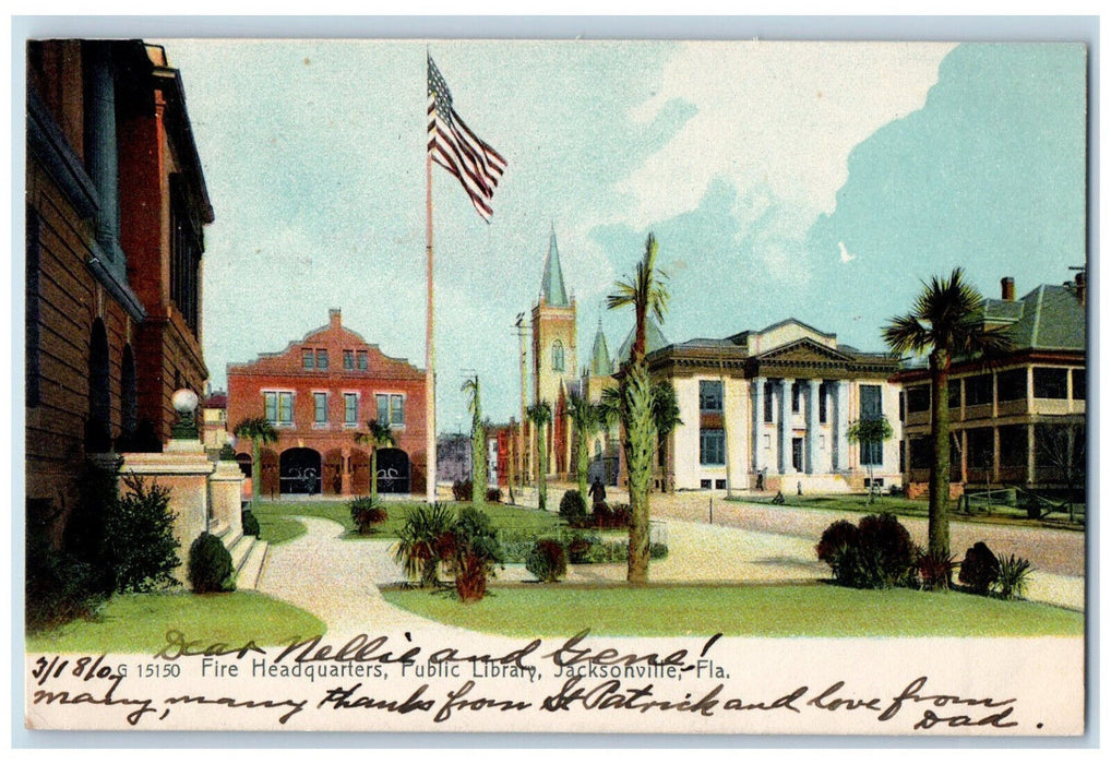 1907 Fire Headquarters Public Library Jacksonville Florida FL Postcard