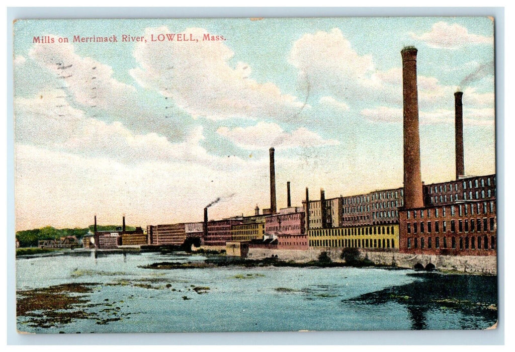 1909 Mills On Merrimack River Lowell Massachusetts MA Posted Antique Postcard