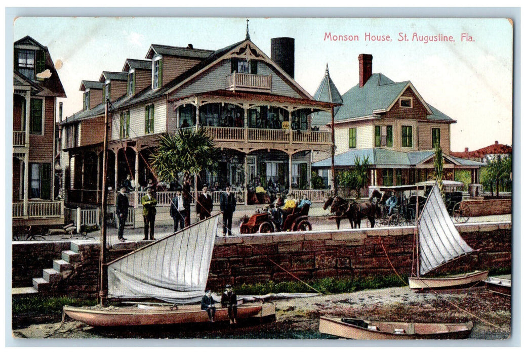 c1910 Boat, Car, Horse Carriage Monson House, St. Augustine Florida FL Postcard