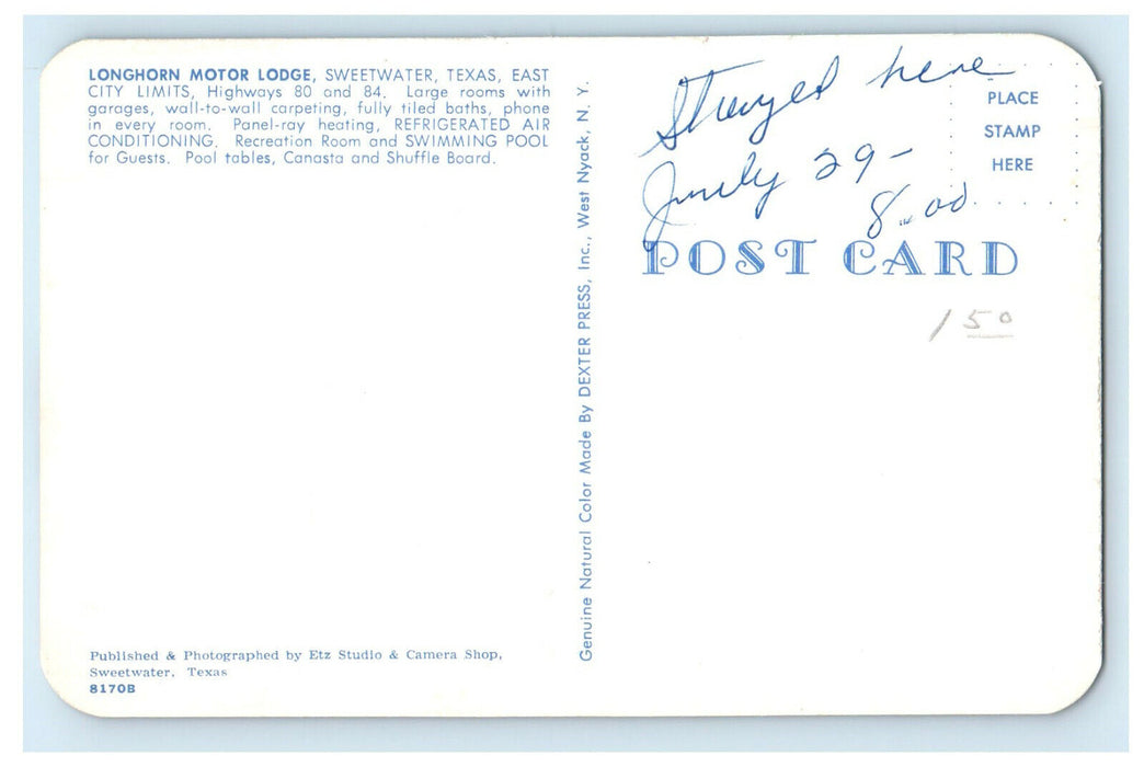 c1950s Longhorn Motor Lodge, East City Limits Sweetwater Texas TX Postcard