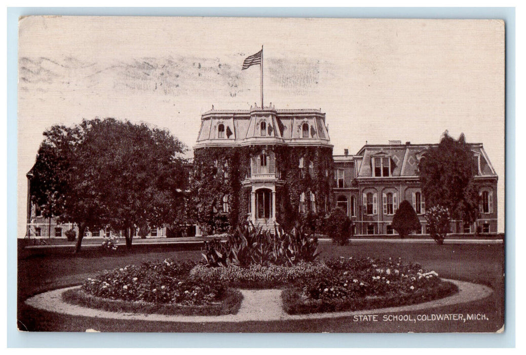 1910 Flowers in the Center, State School, Coldwater Michigan MI Postcard