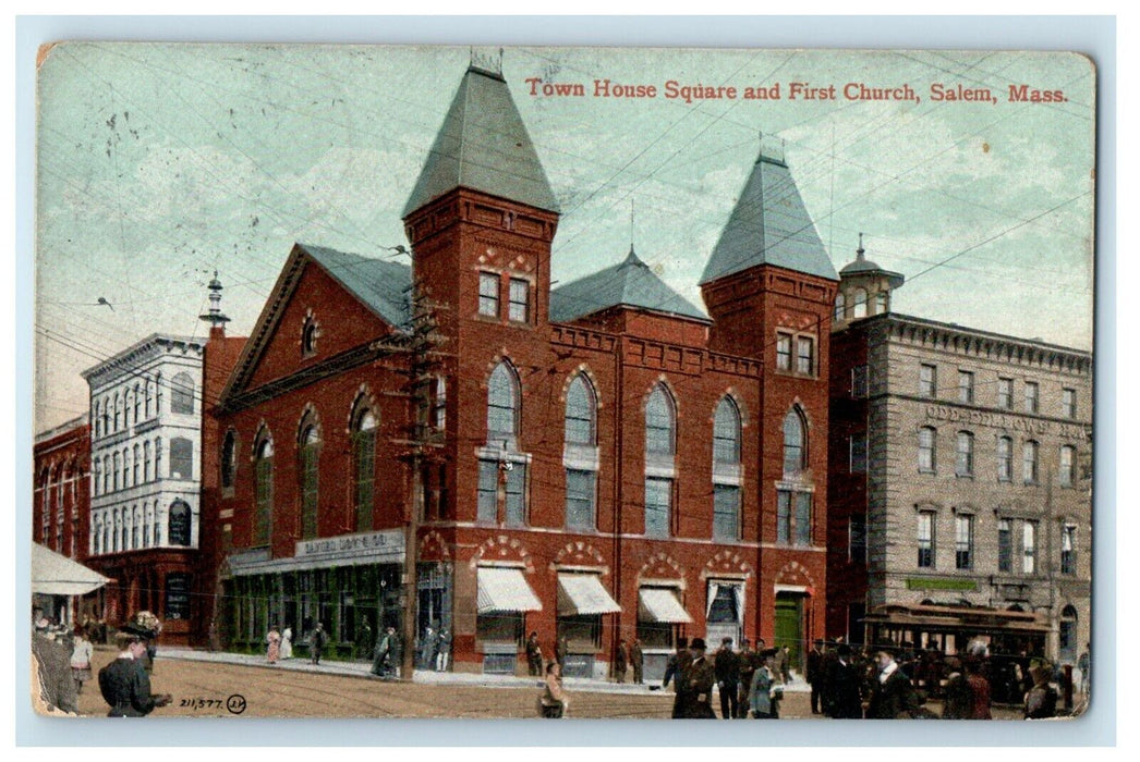 1910 Town House And First Church Trolley Salem Massachusetts MA Antique Postcard