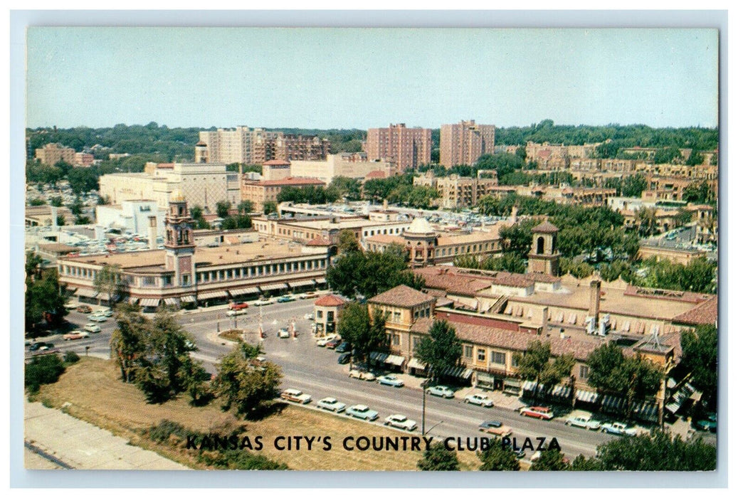 Bird's Eye View Of Kansas City's Country Club Plaza Cars Missouri MO Postcard