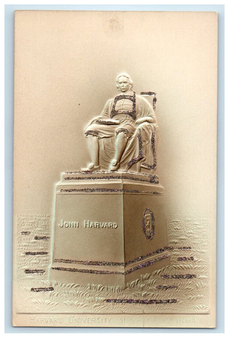 c1905 Harvard University Statue Of John Harvard MA, Embossed Glitter Postcard