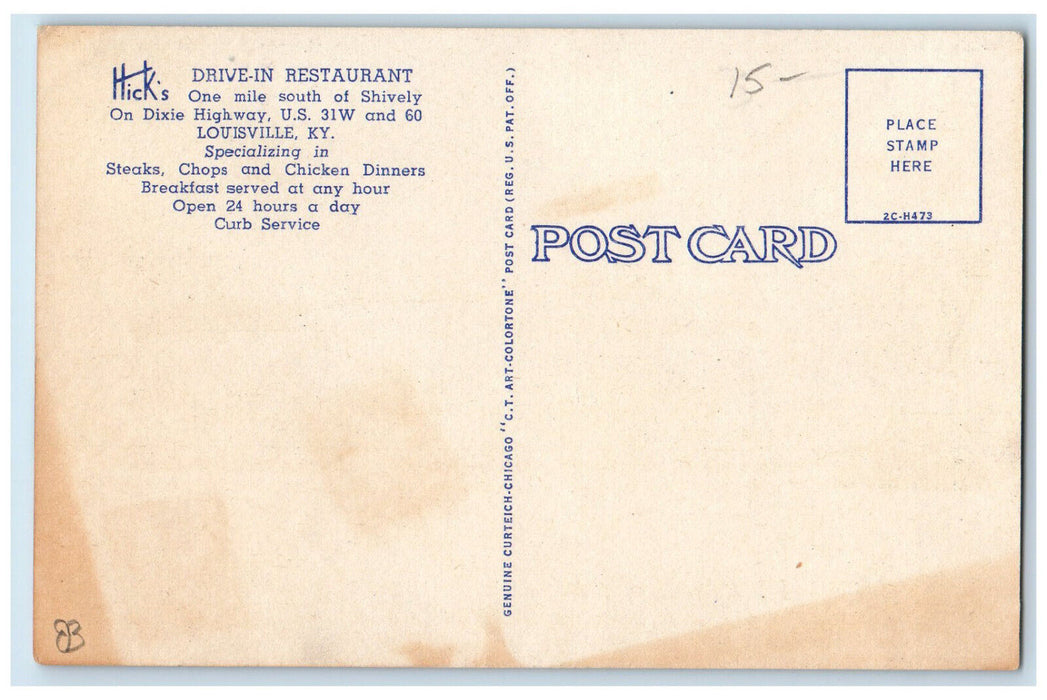 c1940's Hick's Drive-In Restaurant Louisville Kentucky KY Unposted Postcard