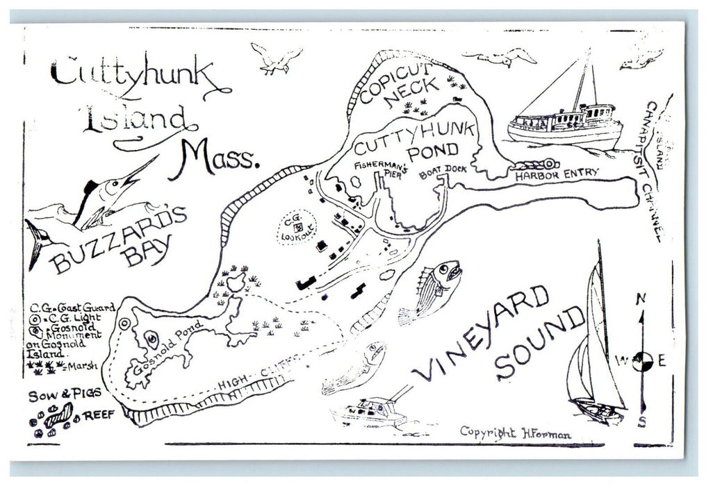 c1910's Map Of Cuttyhunk Island Massachusetts MA, Multiview Antique Postcard