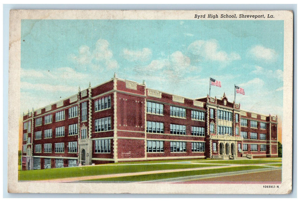 c1920's US Flags, Entrance to Byrd High School Shreveport Louisiana LA Postcard