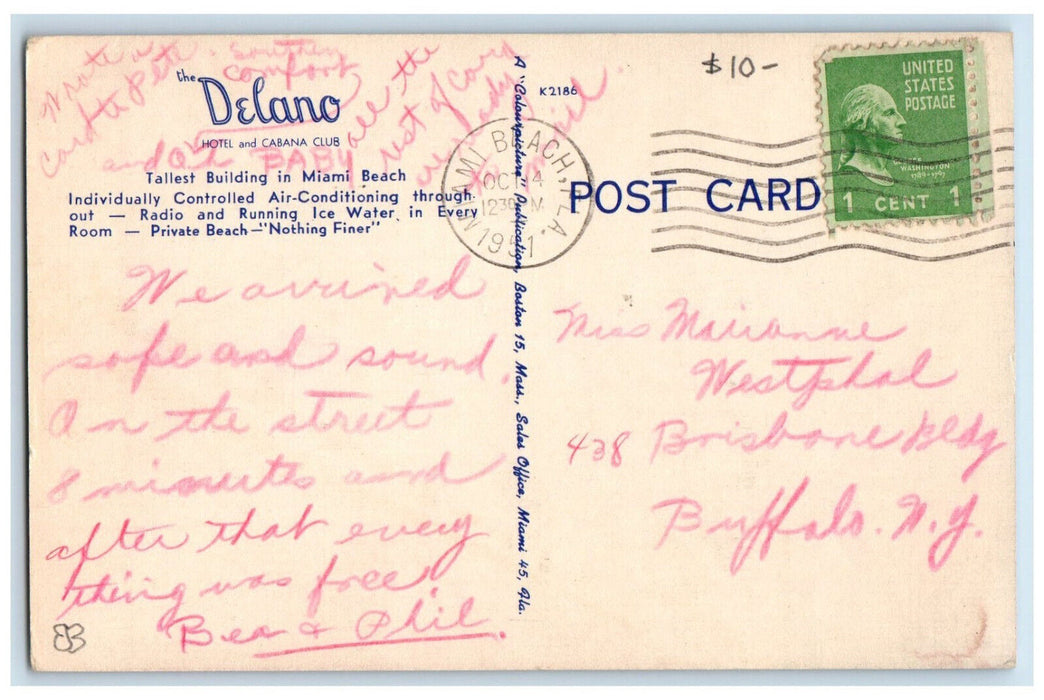 1951 The Delano Hotel and Cabana Club Miami Beach Florida FL Posted Postcard