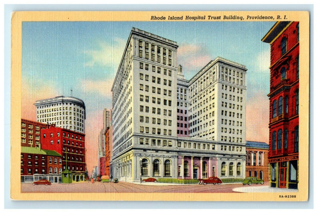 1944 Providence Rhode Island RI, Hospital Trust Building Cars Vintage Postcard