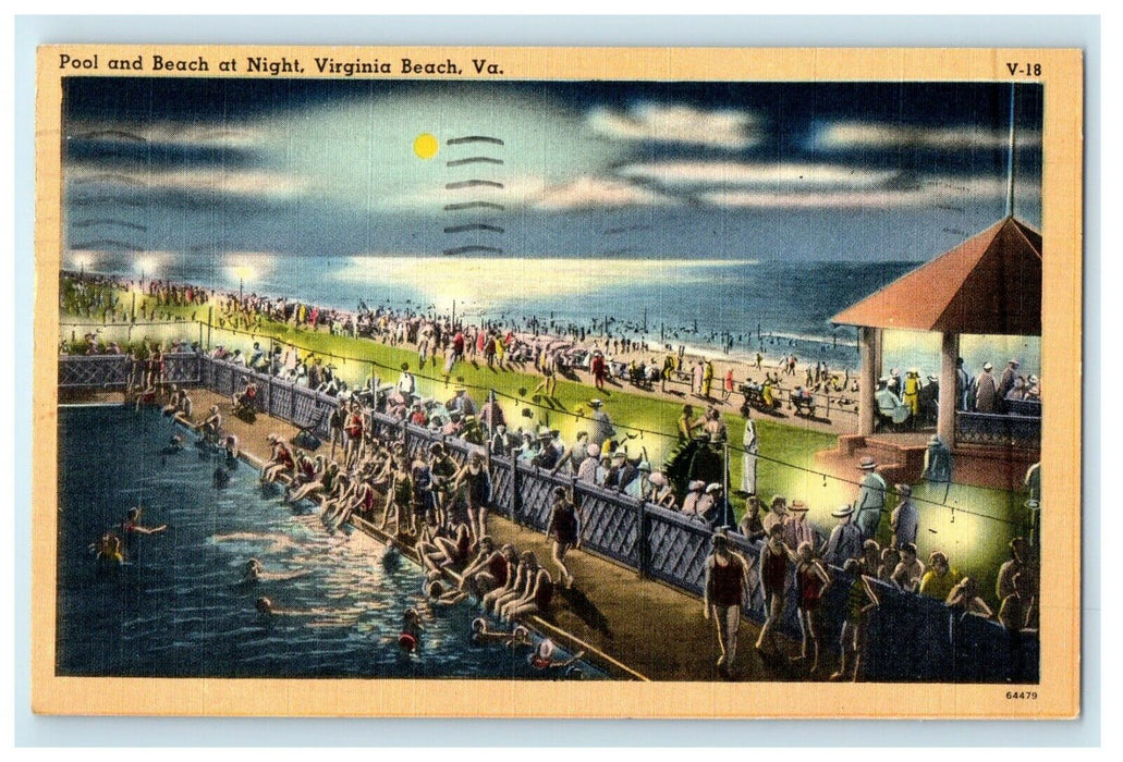 c1950's Pool And Beach At Night Virginia Beach Virginia VA Vintage Postcard