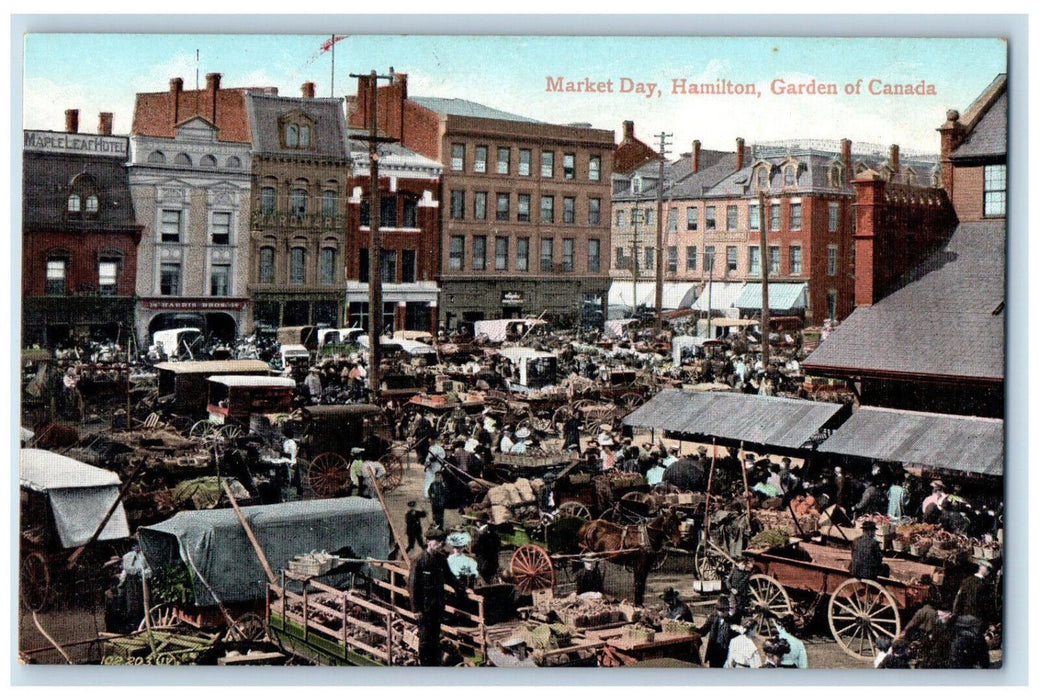 c1905 Trucks, Horse Carriage, Market Day Hamilton Garden of Canada Postcard
