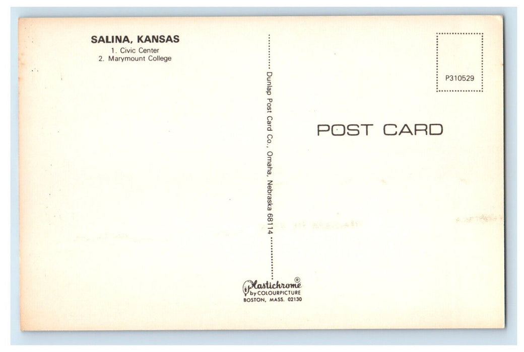 Greetings From Salina Kansas KS, Civic Center Marymount College Banner Postcard