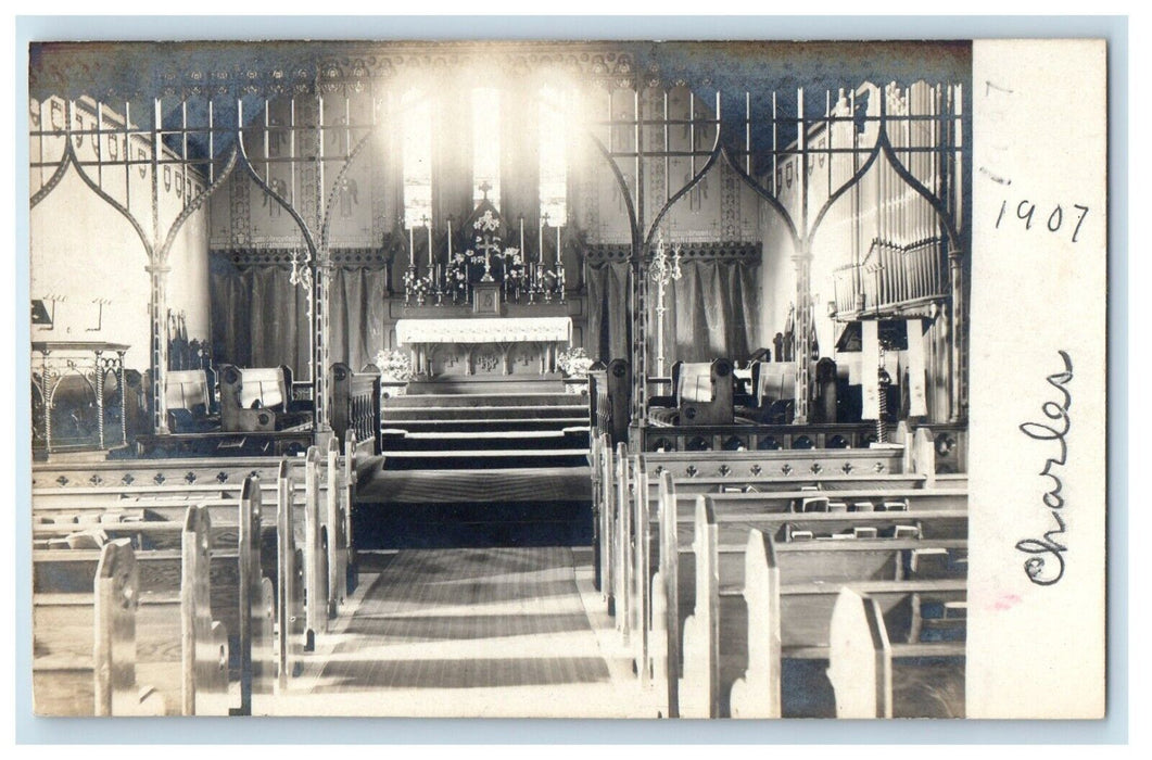1907 Church Interior Altar Pews Candles Wall Art RPPC Photo Postcard