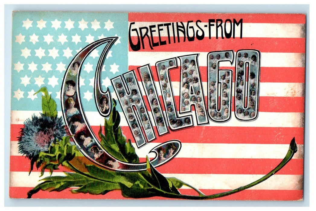 1908 Greetings From Chicago Illinois IL, Patriotic Cresent Flower Postcard
