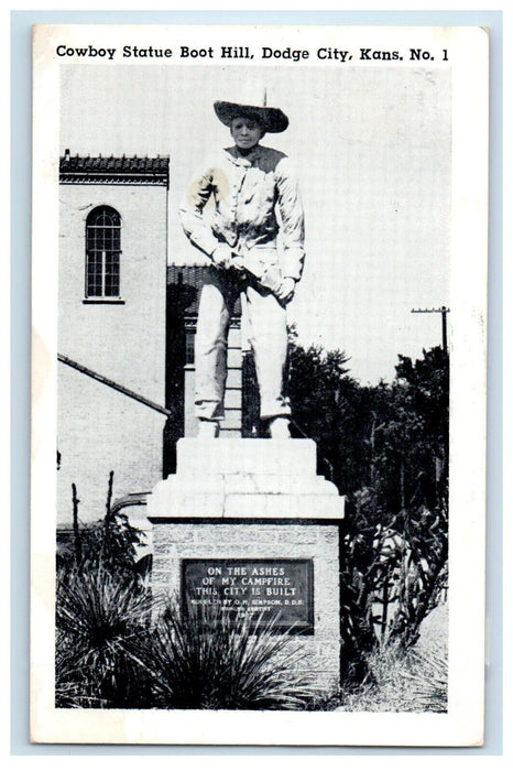 1953 Cowboy Statue Boot Hill Dodge City Kansas KS Posted Vintage Postcard