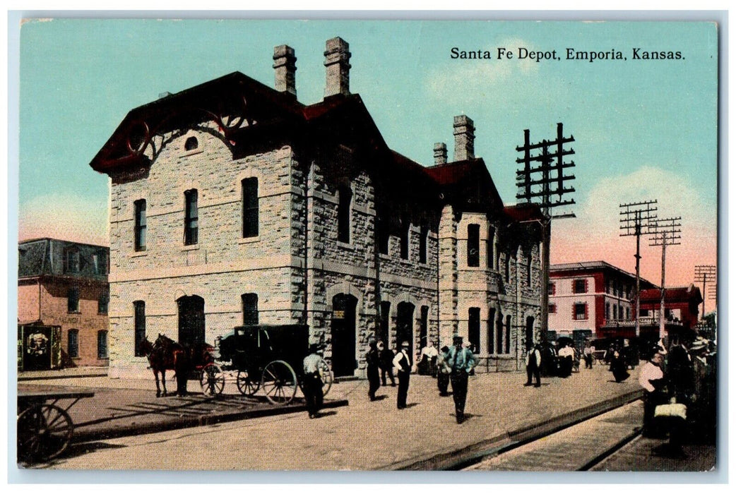c1910's Santa Fe Depot Train Station Horse Carriage Emporia Kansas KS Postcard