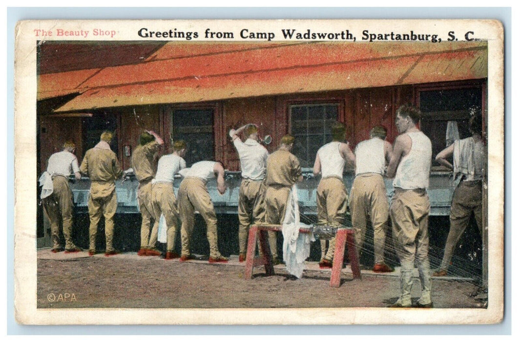 Greetings From Camp Wadsworth Spartanburg SC, Soldiers The Beauty Shop Postcard