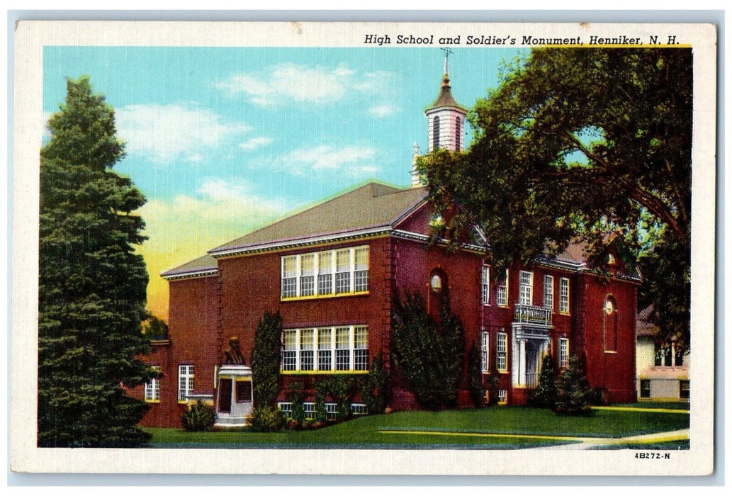 c1940 High School & Soldiers Monument Henniker New Hampshire NH Vintage Postcard