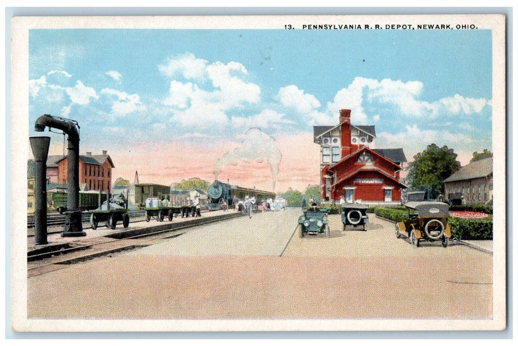 c1910's Pennsylvania R.R. Depot Station Cars Newark Ohio OH Antique Postcard