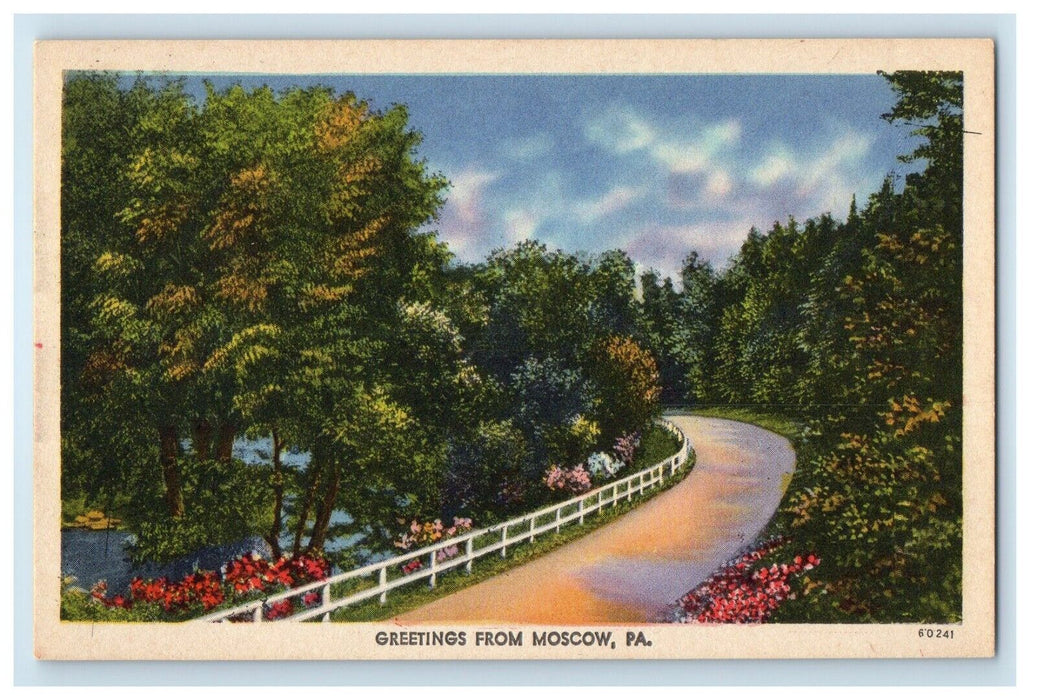 c1930's Greetings From Moscow Pennsylvania PA, Curve Road View Vintage Postcard