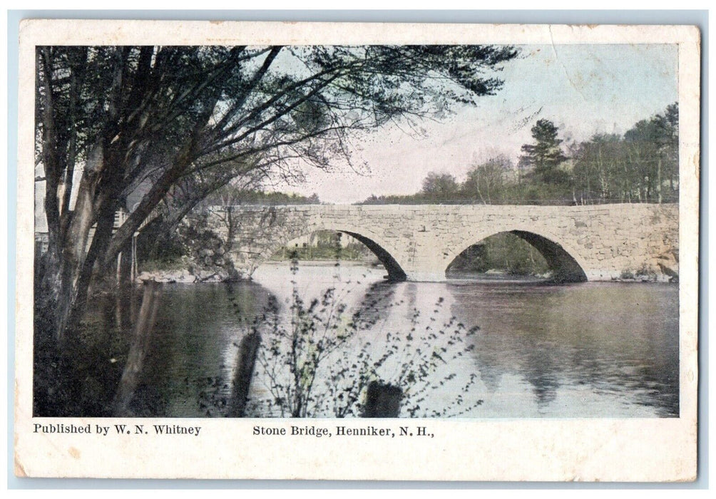 c1910 Stone Bridge Lake View Trees Henniker New Hampshire NH Vintage Postcard