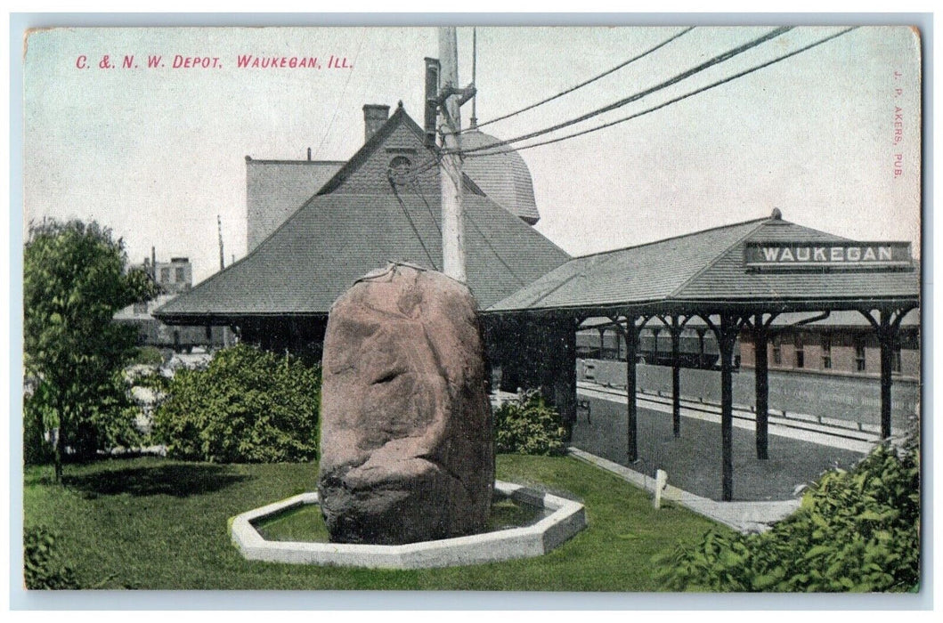 c1910's C. & N. W. Depot Train Station Waukegan Illinois IL Antique Postcard