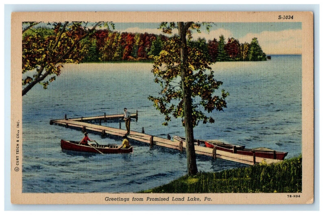 c1930's Greetings From Promised Land Lake Pennsylvania PA. Boat Vintage Postcard