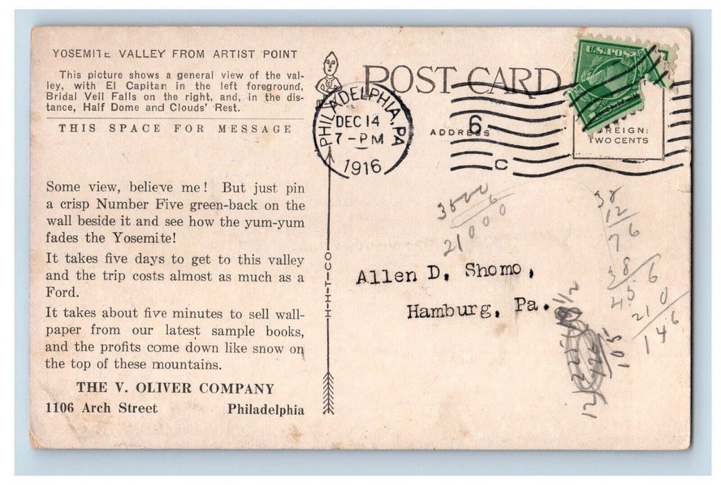 1916 Wallpaper Advertising V. Oliver Co Philadelphia PA Yosemite Valley Postcard