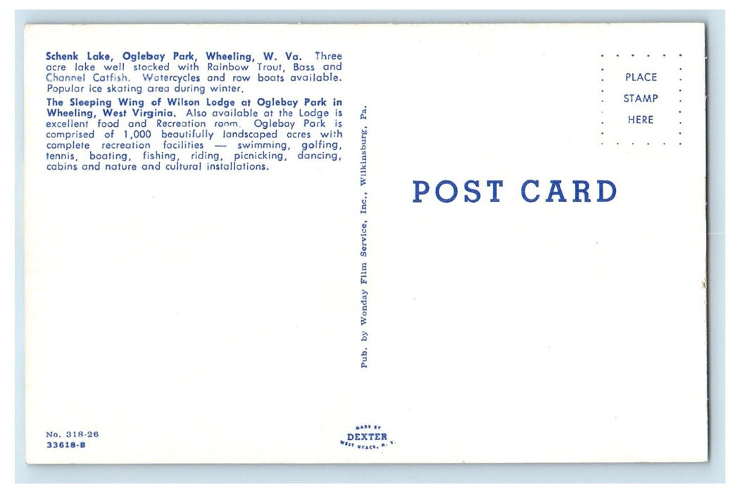 Greetings From Oglebay Park Wheeling VA, Schenk Lake And Wilson Lodge Postcard