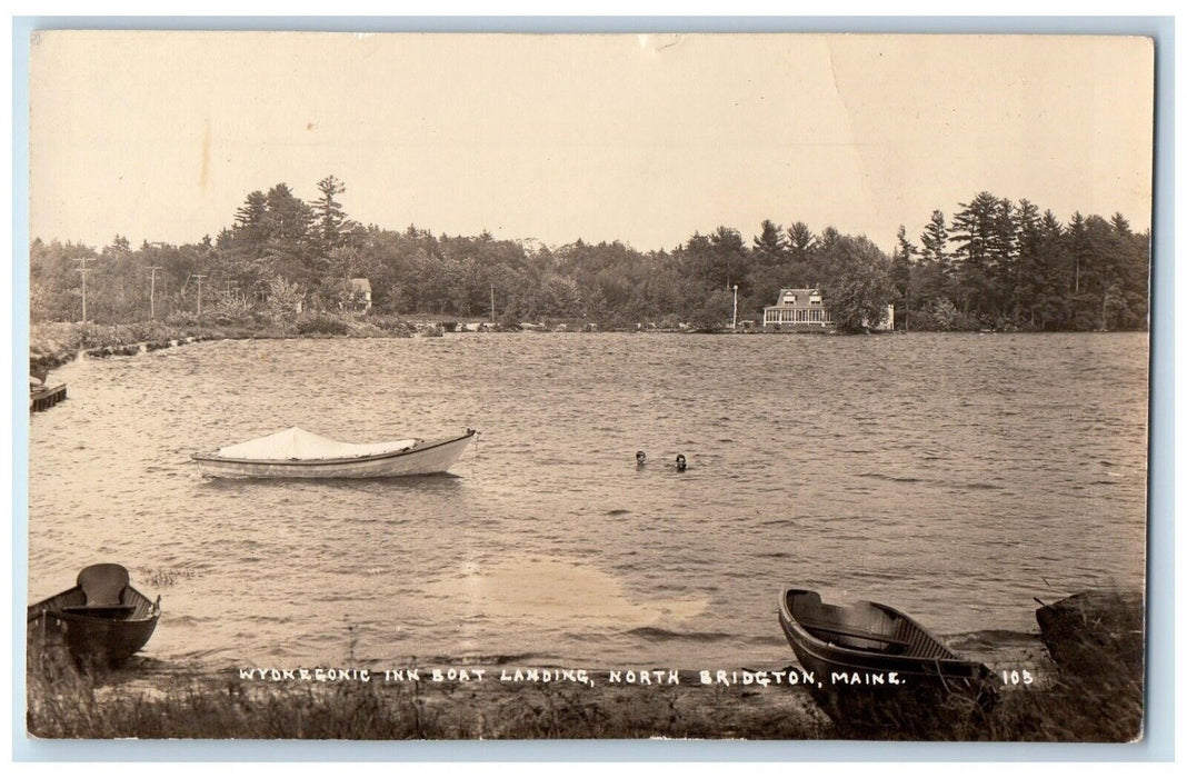 c1940's Wyonegonic Inn Boat Landing Swimming Bridgton Maine RPPC Photo Postcard