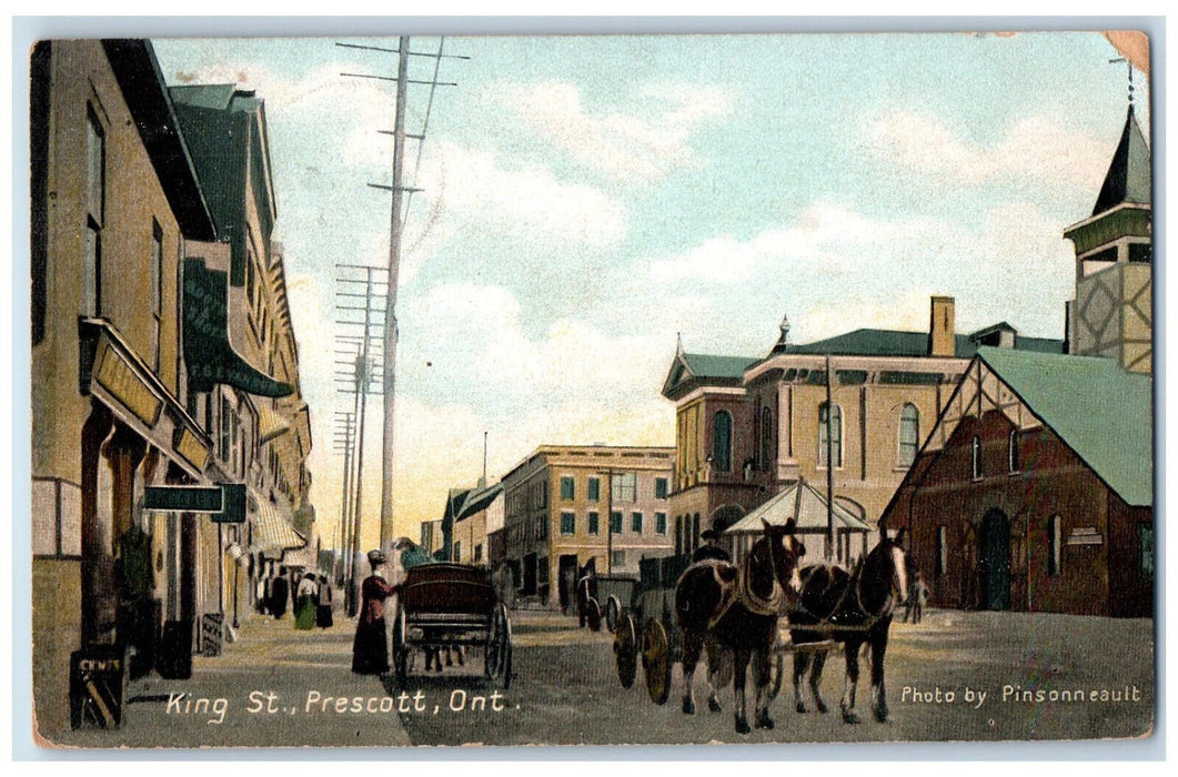 1908 Horse Carriage, Business Section King St. Prescott Ontario Canada Postcard