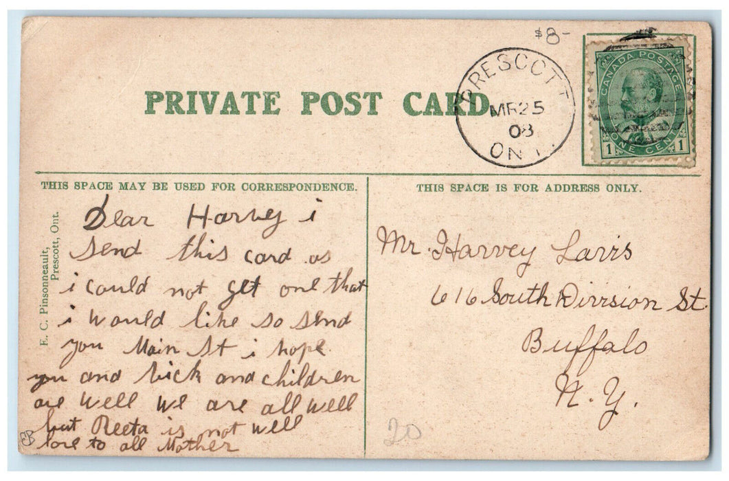 1908 Horse Carriage, Business Section King St. Prescott Ontario Canada Postcard