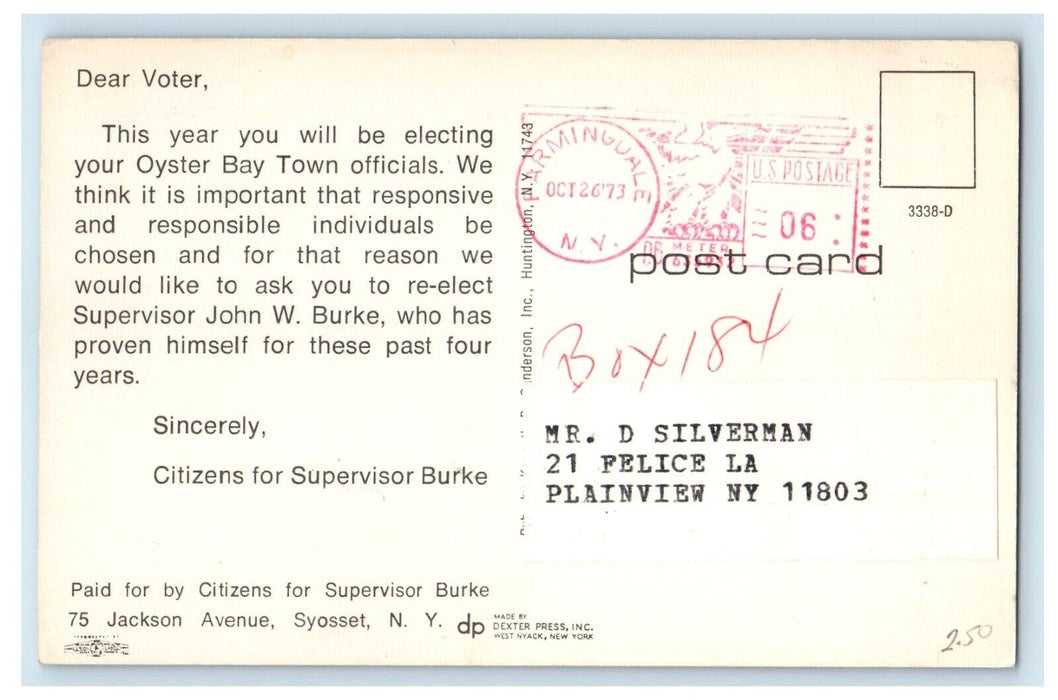 John W. Burke And His Family Re-Elect Supervisor Political Advertising Postcard