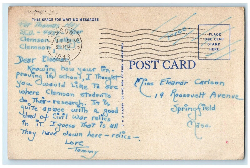 1943 Library Clemson College Building South Carolina SC Vintage Postcard