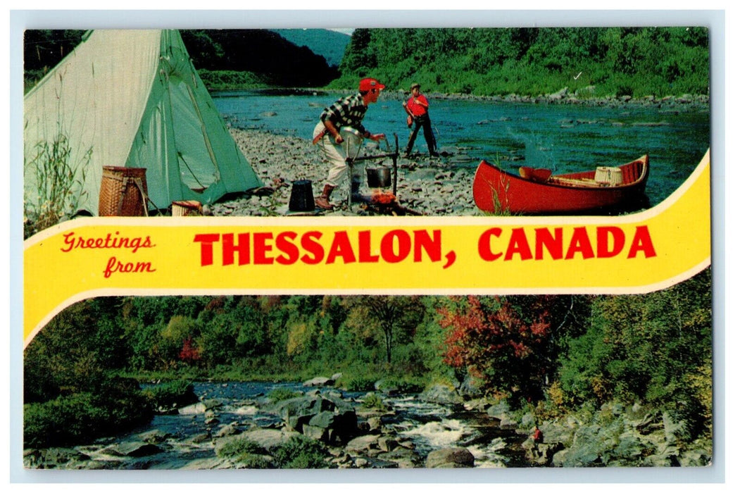 c1930's Greetings From Thessalon Canada, Banner Boat River View Postcard