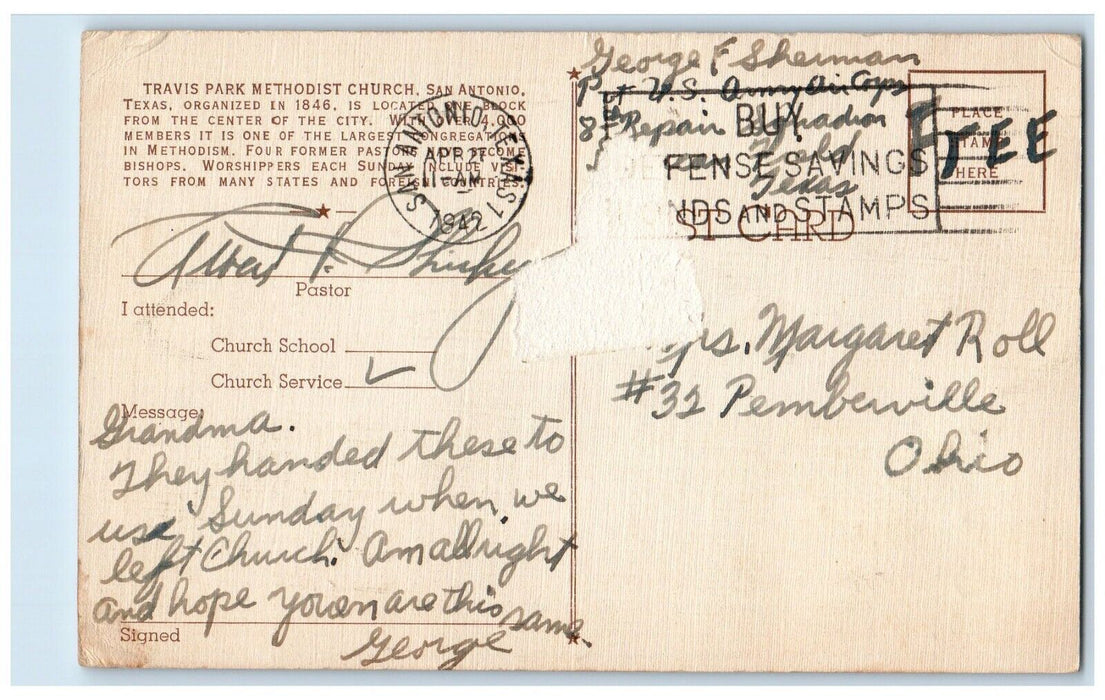 1942 A Friendly Methodist Church Travis Park San Antonio Texas TX Postcard