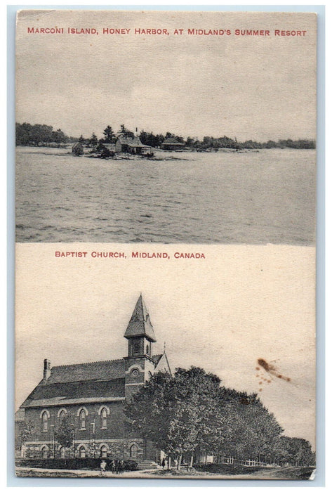 c1910's Marcolini Island and Baptist Church, Midland Canada Antique Postcard