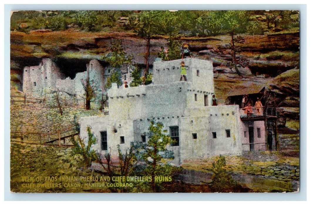 1911 View On Taos Indian Pueblo Cliff Dwellers Ruins Canon Manitou CO Postcard