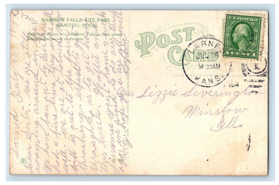1914 View Of Rainbow Falls Ute Pass Manitou Colorado CO Posted Antique Postcard