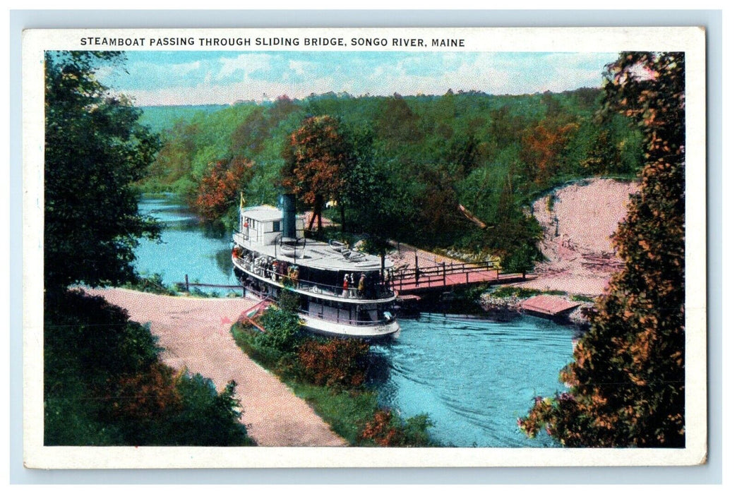 c1930's Steamboat Passing Through Sliding Bridge Songo River Maine ME Postcard